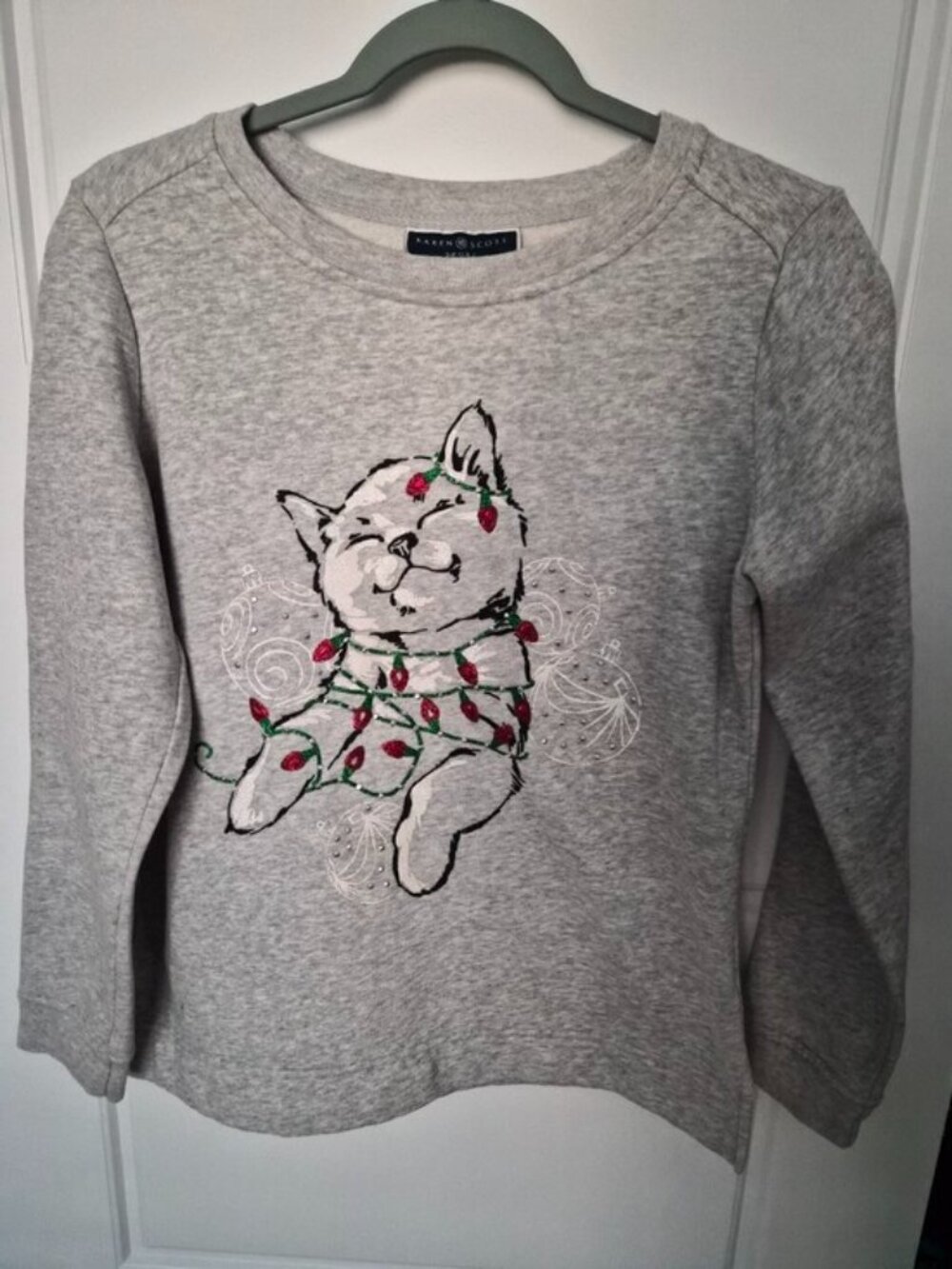 Women's Grey Kitty Cat with Christmas Lights Sweater Size XS